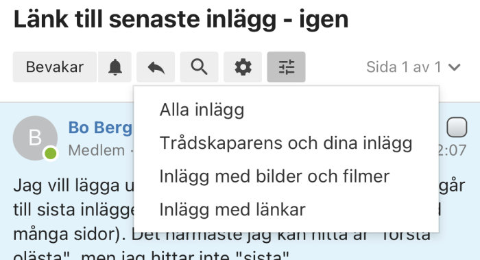 Forumfilterfunktion med alternativ 'Alla inlägg', 'Trådskaparens och dina inlägg', 'Inlägg med bilder och filmer'.