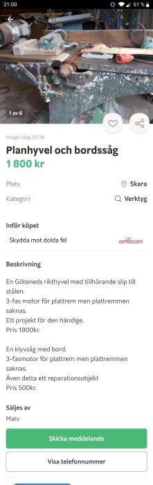 Använd begagnad planhyvel och bordsåg i ett verkstadssammanhang med synliga sladdar och verktyg.