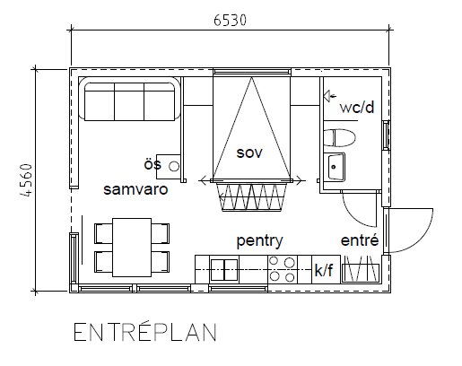 Ritning över entreplan i ett 30 m² stort attefallshus med markerade utrymmen för samvaro, sovrum, kök och badrum.