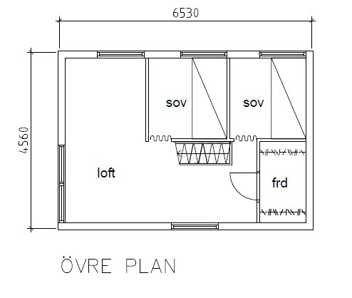 Ritning av övre plan i ett attefallshus med loft, två sovrum och frd markerade.