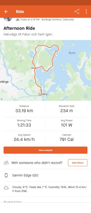 Skärmavbild av cykeltur med karta och statistik: distans 33,19 km, höjdökning 234 m, medelhastighet 24,4 km/h.