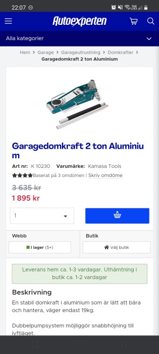 Kamasa Tools garagedomkraft i aluminium för 2 ton på kampanj, visad på en produktwebbsida.