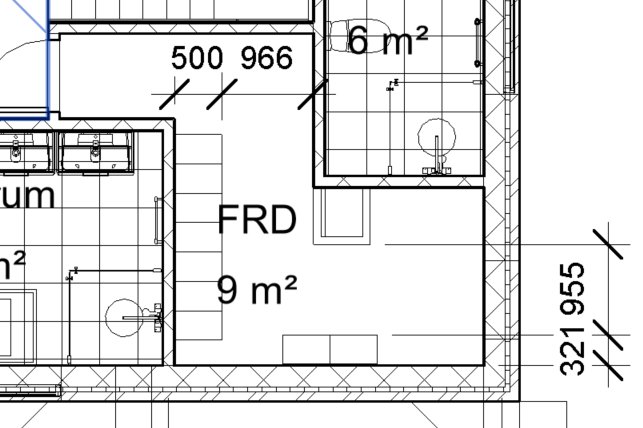 Översiktlig arkitektonisk ritning av en planlösning med kök, badrum, och förvaringsutrymme markerat som FRD.