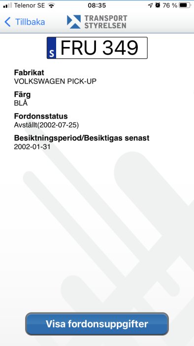 Skärmbild från Transportstyrelsens hemsida med information om en blå Volkswagen Pick-Up, registreringsnummer FRU 349.