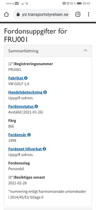 Skärmbild som visar fordonsuppgifter för en blå VW Golf 1,4 från 1998, avställd i januari 2021.