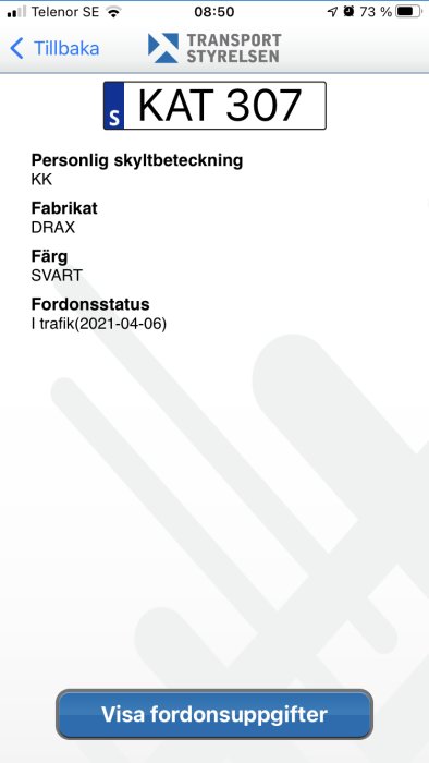 Skärmbild på Transportstyrelsens hemsida med registreringsskylt "KAT 307" och viss fordonsinformation.