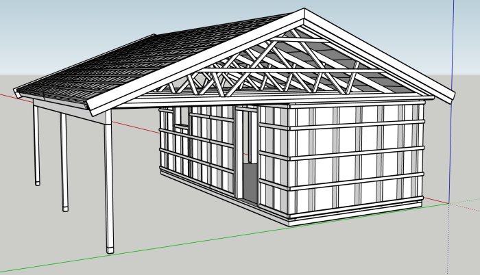 Digital ritning av ett konstruktionsstomme för ett framtida garage och carport.