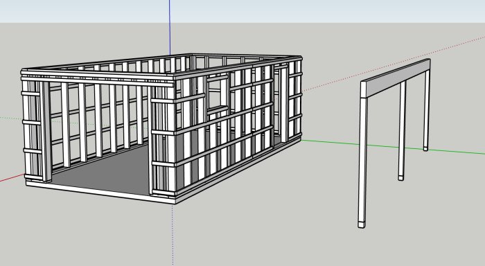 3D-ritning av ett nytt garage och en carport planerat för byggnation, visar skelettstruktur.