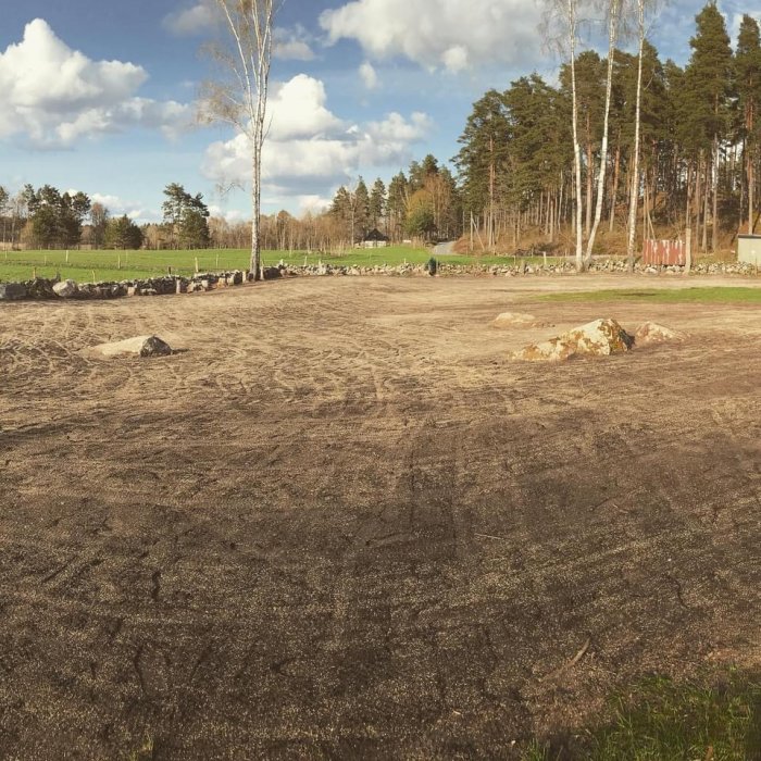 Nyligen sådd gräsmatta efter markarbete med synliga gallervält spår och bakgrund av landskap och himmel.