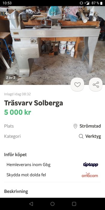 Begagnad trävarv av märket Solberga till salu, uppställd i ett verkstadsutrymme med verktyg och färgburkar.