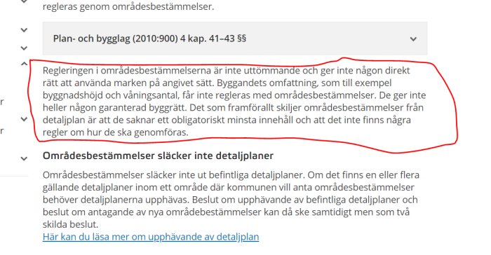 Skärmbild av text om områdesbestämmelser och bygglag med fokus på byggnadshöjd och detaljplaner.