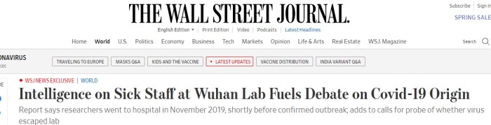Skärmdump av en artikel på The Wall Street Journal websida med rubriken om Wuhanlaboratoriets sjuka personal.