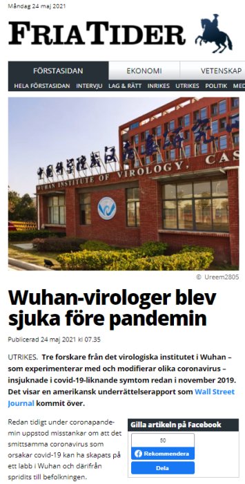 Exteriör av Wuhan Institute of Virology byggnaden under dagtid.