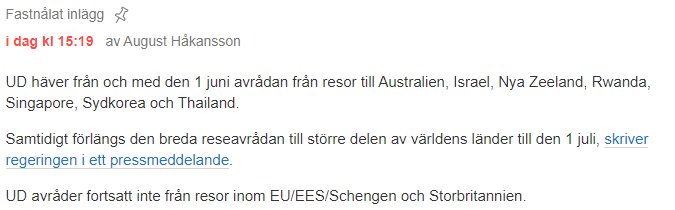 Skärmbild av ett foruminlägg om avrådan till Thailand hävs den 1:a juni.