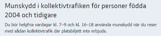 Skärmdump med text om rekommendationer för användning av munskydd i kollektivtrafiken.