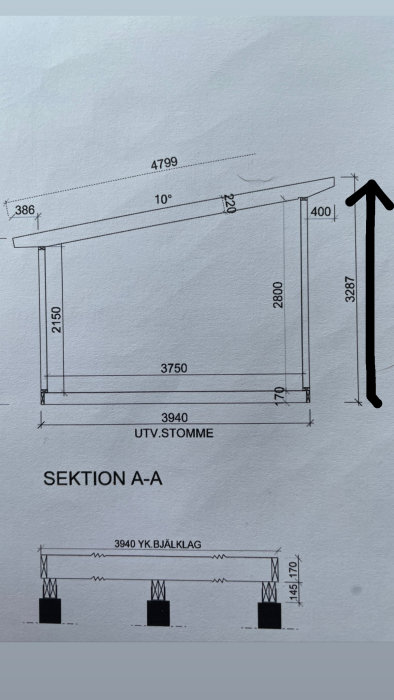 Ritning av en byggnadssektion med mått och en taklutning på 14 grader, markerad totalhöjd.