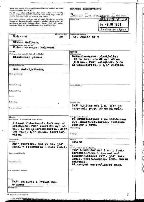 Svartvit bild av en teknisk beskrivning för en enplansvilla från 1964 med detaljer om grund och material.