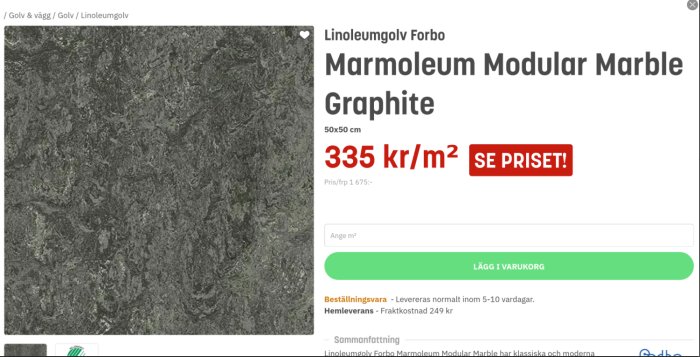 Annons för Marmoleum Modular Marble Graphite golvmatta i grått marmormönster, pris 335 kr/m².