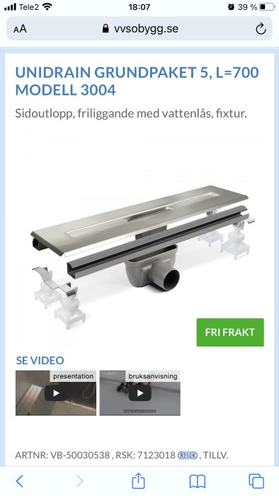 Unidrain grundpaket 5 modell 3004, friliggande lineär duschavlopp med sidoutlopp och vattenlås, visas med fixtur.