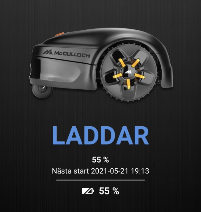 Robotgräsklippare med laddningsstatus på 55% och texten "Laddar" på mörk bakgrund.