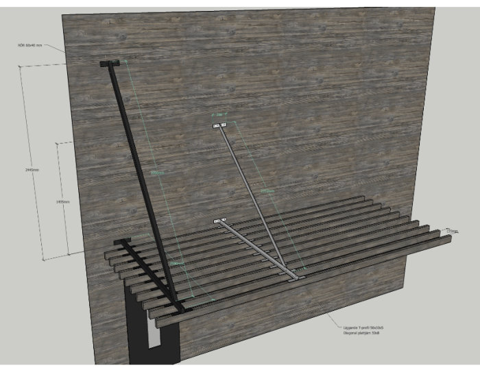 3D-rendering av konsolkonstruktion med horisontellt T-järn och diagonalt plattjärn, tekniska mått angivna.