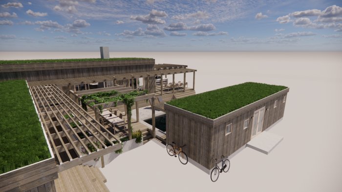 3D-rendering av ett modernt hus med grästak, pergolakonstruktioner och en gångväg, under en delvis molnig himmel.