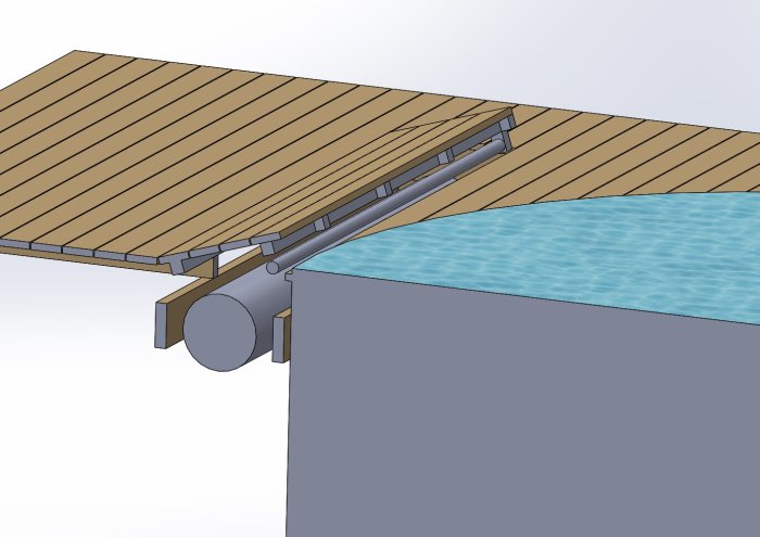 CAD-ritning av en altan med integrerad rullställning och duk ovanför en pool.