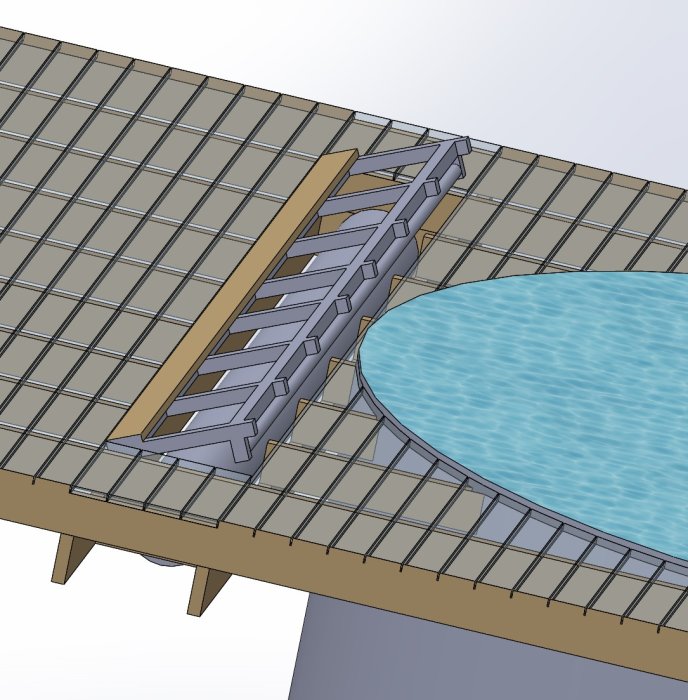 CAD-modell av altan med integrerad rullställning och duk vid poolkanten.