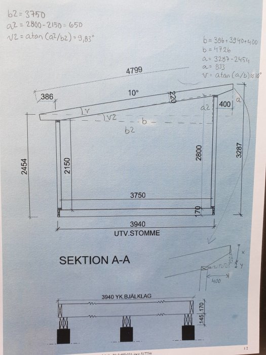 Teknisk ritning av sektion A-A för en byggnadsstruktur med dimensioner och beräkningar för vinklar och höjder på ett tak.