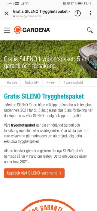 Skärmdump av Gardena hemsida som marknadsför Gratis SILENO Trygghetspaket med gräsklippare och erbjudandetext.