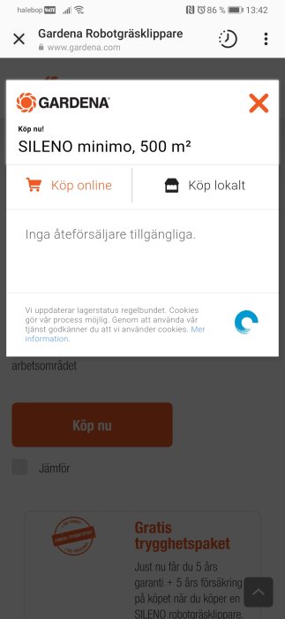 Skärmdump från en mobil visar en webbsida för Gardena robotgräsklippare, med meddelandet att inga återförsäljare är tillgängliga.