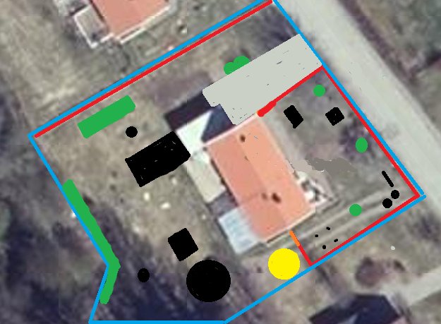 Luftbild av en tomt med markeringar för staket, träd, lekstugor och andra hinder inför valet av robotklippare.