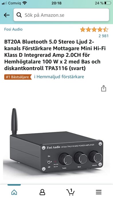 Fosi Audio BT20A Bluetooth 5.0 Stereo 2-kanals förstärkare med reglage för bas och diskant, visad i en onlinebutik med betygsstjärnor.