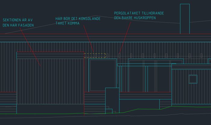 Arkitektonisk skiss med fasadsektion, annoteringar för tak och pergola, utan konstruktionsritningar.