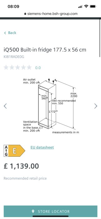 Illustration av Siemens inbyggda kylskåpsmontering med måttangivelser och ventilationsspecifikationer.
