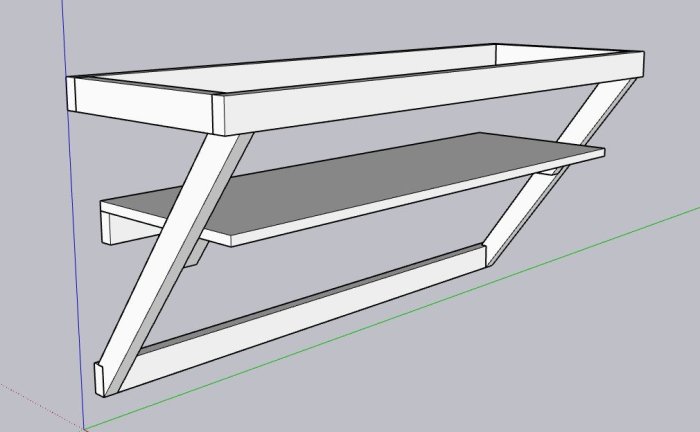 3D-skiss av en enkel arbetsbänk i trä med över- och underhylla, avsedd för lättare arbete i garage.