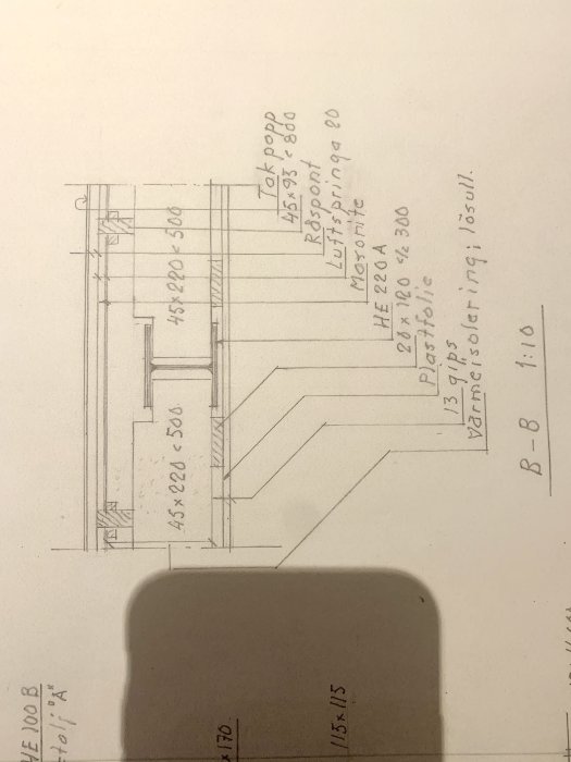 Ritning som visar befintlig takkonstruktion för stuga med angivna dimensioner på material och luftspringor.