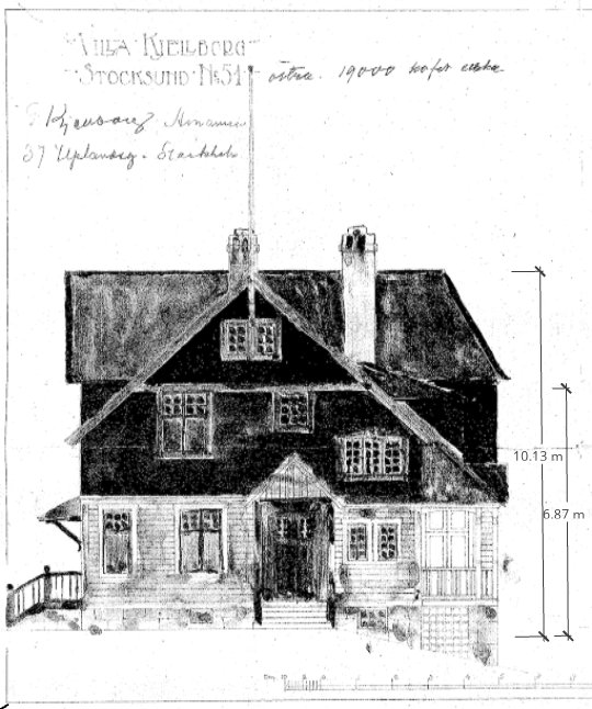 Handritad fasad av Villa Kjellborg med mått, byggt 1905, visar detaljerad arkitektur med höga tak och rika utsmyckningar.