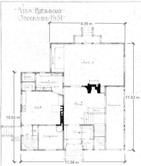 Ritning av Villa Kjellborg som visar husets planlösning och dimensioner med angivna mått i meter.