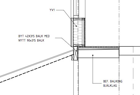 Konstruktionsritning som visar byte av 42 x 315 balk till 90 x 315 balk i en byggnadsstruktur.