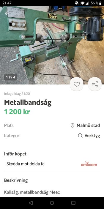 Grön Meec metallbandsåg modell GS012W för sågning av metall, visas från sidan, placerad på betonggolv.