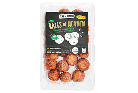 Förpackning med veganska "Balls of Heaven" i plasttråg, vegetariska ersättningsbullar.
