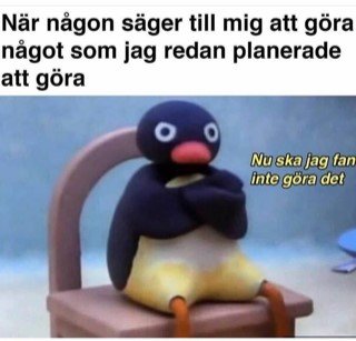En tecknad figur av en pingvin med mänskliga drag, sittande på en stol med text om motsägelsefullt beteende.
