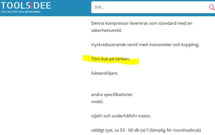 Skärmdump från en webbplats som visar specifikationer för en kompressor, med markering över en skrivfel.