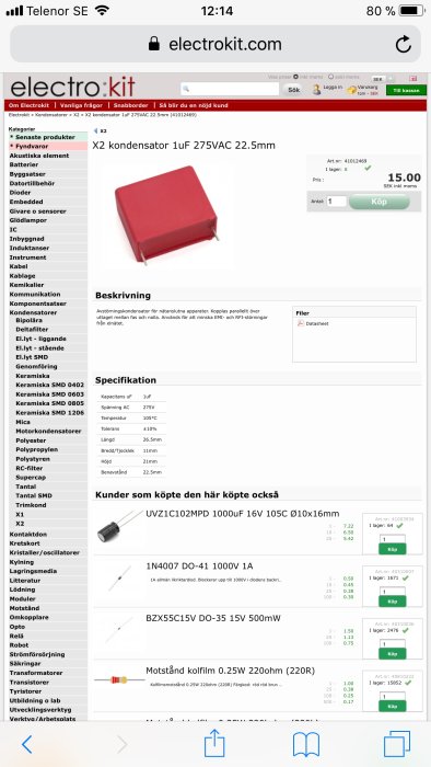 Skärmdump av webbsida som visar en röd X2 kondensator 1uF 275VAC och produktspecifikationer.