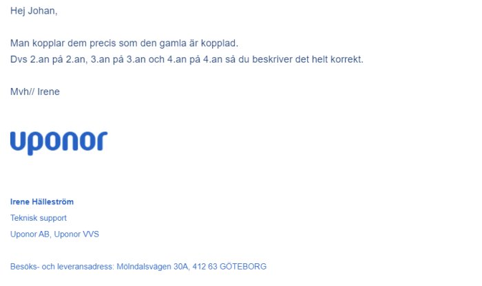 E-post från Uponor support som bekräftar korrekt koppling för byggprojekt.