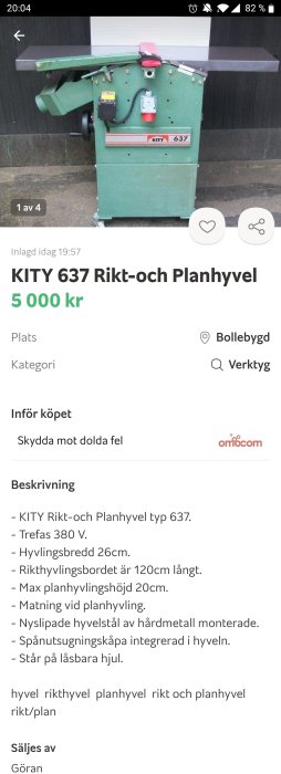 Grön KITY 637 rikt- och planhyvel på hjul med kontrollpanel och röda säkerhetsdetaljer.