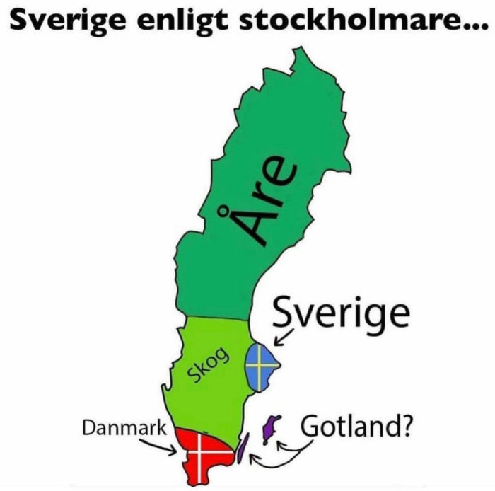 Humoristisk karta över 'Sverige enligt stockholmare' med stora områden för Åre och Stockholm.