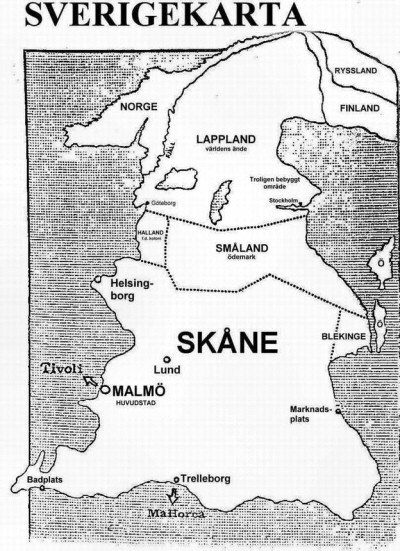 Humoristisk karta över Sverige med överdrivna proportioner för Skåne och felaktiga placeringar av städer.