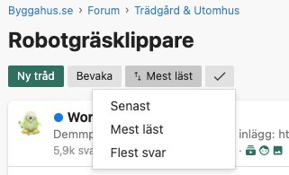 Skärmbild av forumets trådlista med sorteringsoptioner "Senaste, Mest läst, Flest svar" i en dropdown-meny.